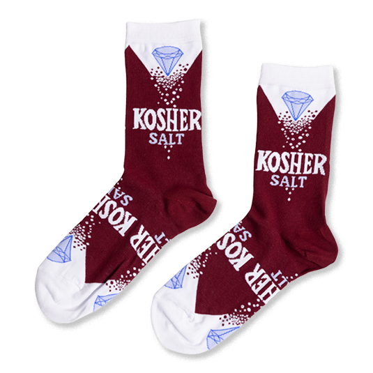 Pair of maroon crew socks with white cuffs. Design features a light blue diamond, 