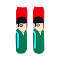 Pair of Clockwork Orange socks featuring Alex's wide-eyed face, red cuff, and green uniform with blue stripe.