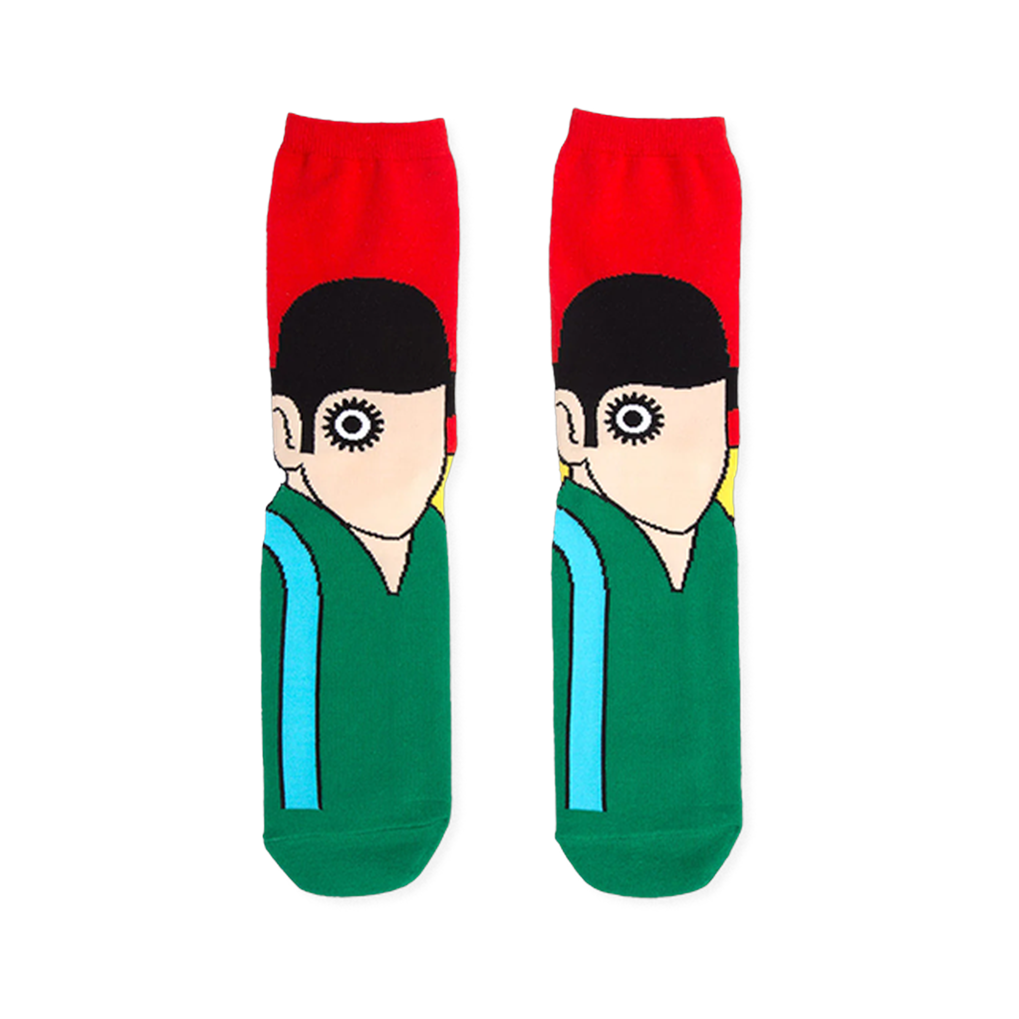 Pair of Clockwork Orange socks featuring Alex's wide-eyed face, red cuff, and green uniform with blue stripe.