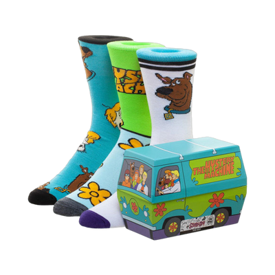 Three pairs of crew socks in a Scooby Doo Mystery Machine box. Designs include Scooby, the gang, and the Mystery Machine.