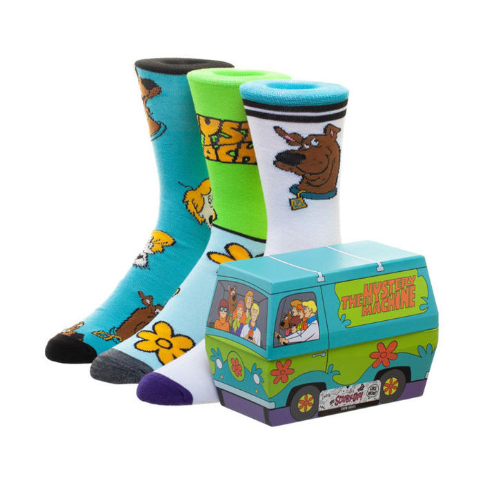 scooby doo 3-pack box set crew socks in white, green & blue feature scooby doo characters, mystery machine and scooby doo & mystery machine patterns.  