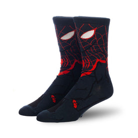 black crew socks with red spider-man face print.  