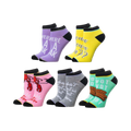 Five pairs of Friends themed ankle socks. Designs include: purple with 'Where’s the break?', yellow with 'How you doin?', pink with lobsters, grey with a quote, and teal with 'Pivot'.
