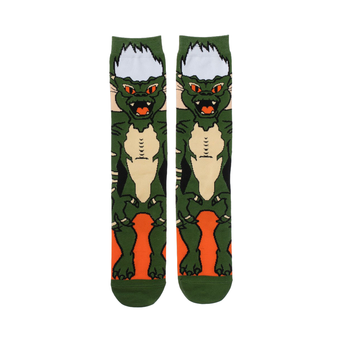 Flatlay showcasing a pair of Gremlins Spike 360 Character Crew Socks.  The image shows the socks laid flat against a white background.
