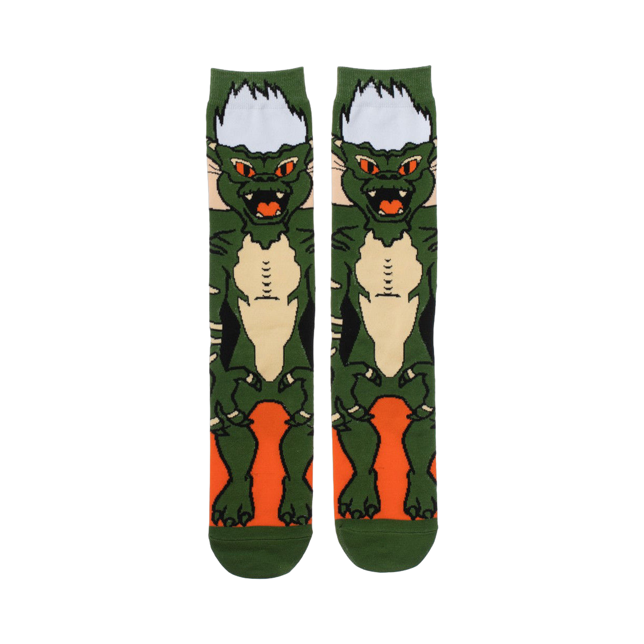 Flatlay showcasing a pair of Gremlins Spike 360 Character Crew Socks.  The image shows the socks laid flat against a white background.