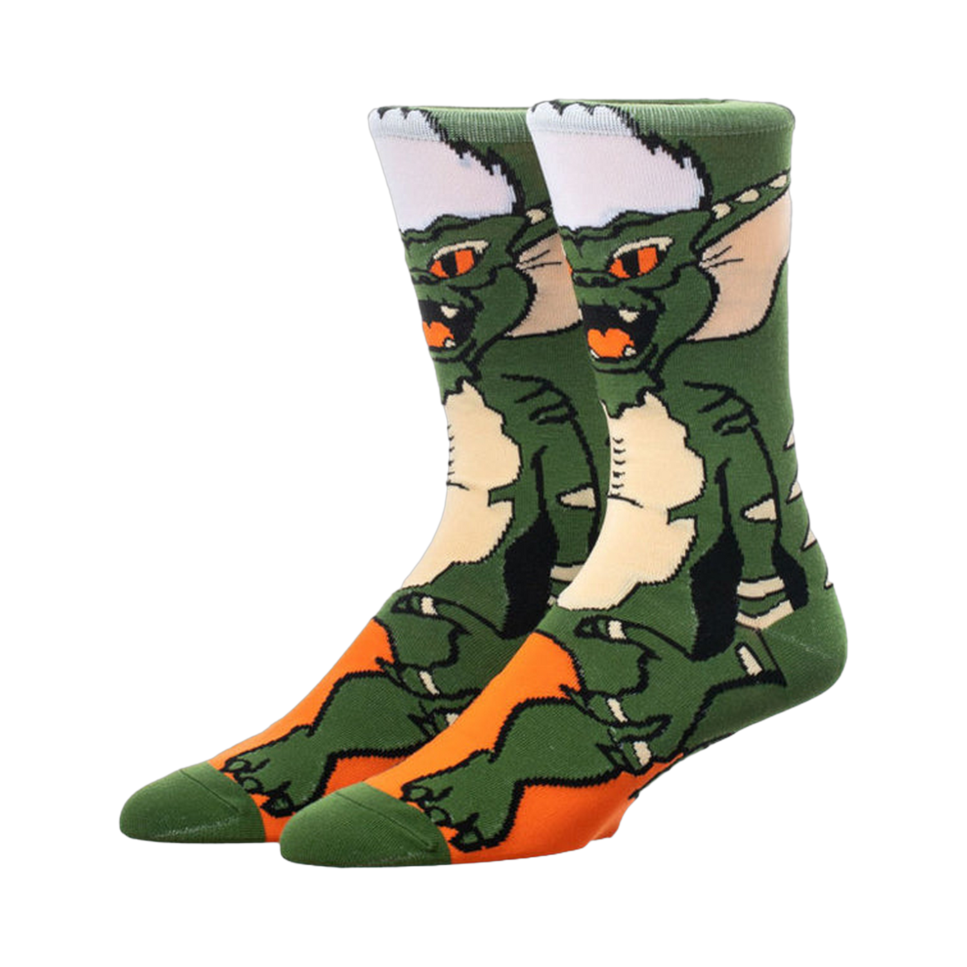 A pair of green and orange crew socks featuring a Gremlin character design. The socks are shown from the side, highlighting the character's face and body.