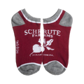 Close-up of a pair of red Schrute Farms ankle socks with gray trim.