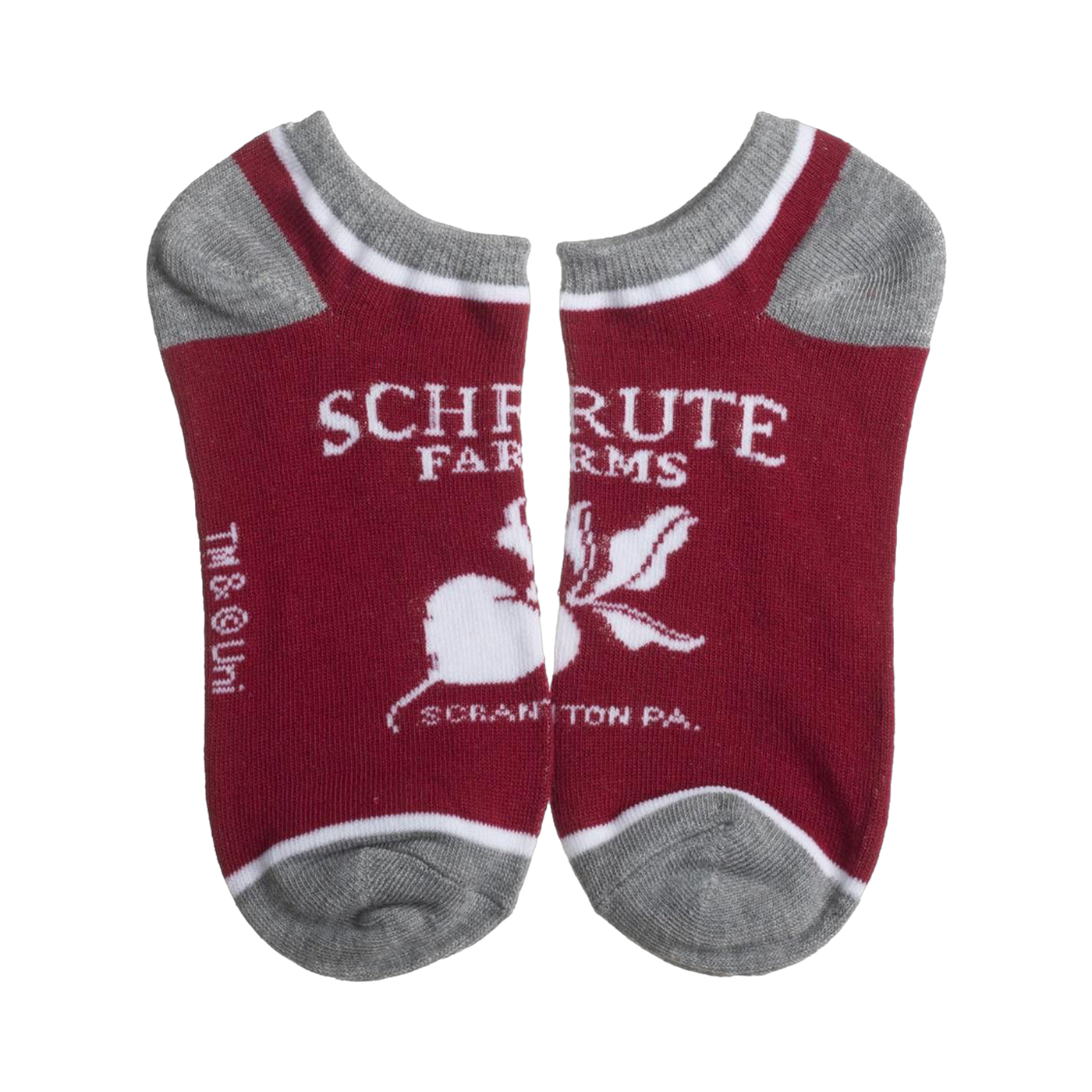 Close-up of a pair of red Schrute Farms ankle socks with gray trim.