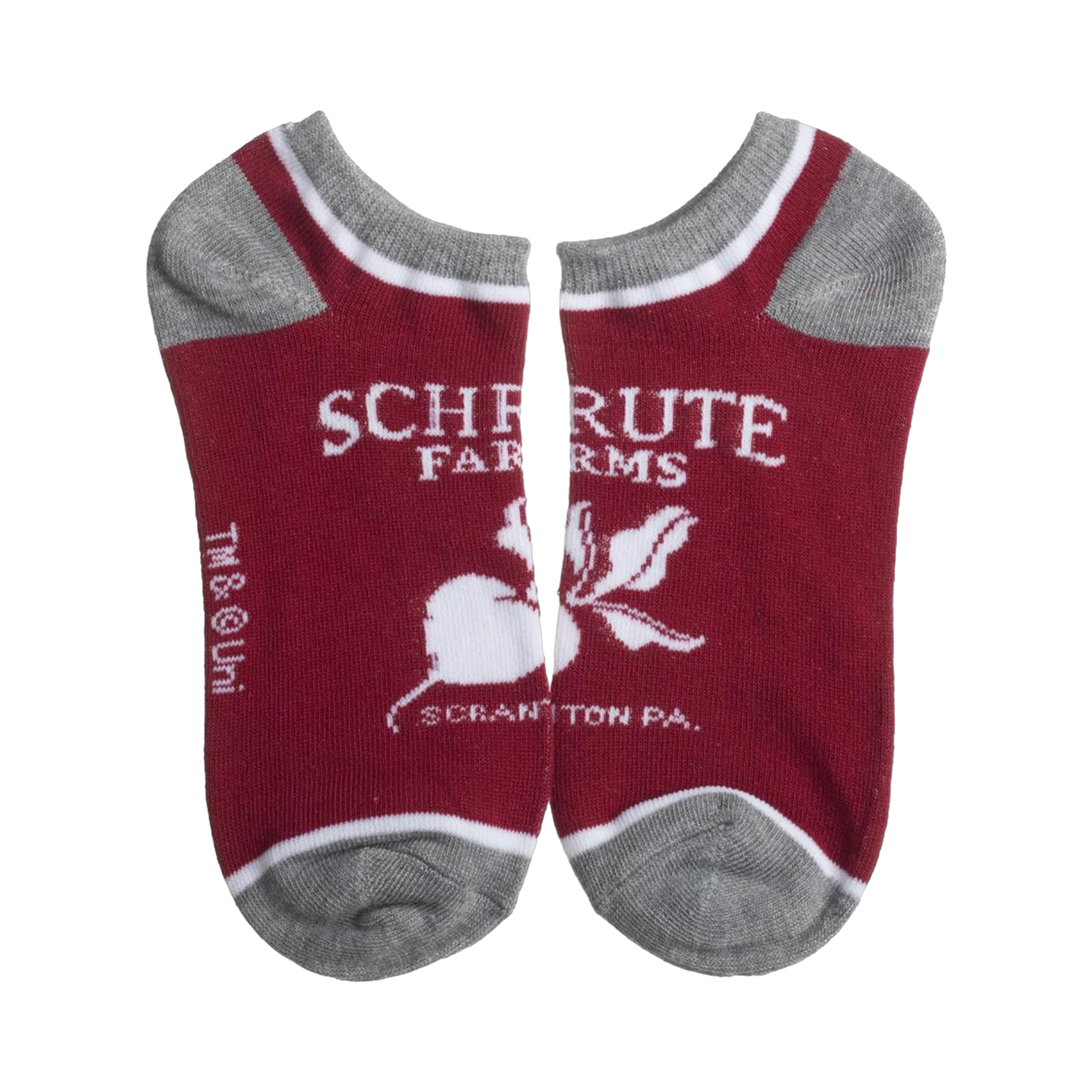 Close-up of a pair of red Schrute Farms ankle socks with gray trim.