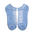 Close-up of a pair of light blue Dunder Mifflin ankle socks with white trim.