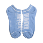Close-up of a pair of light blue Dunder Mifflin ankle socks with white trim.