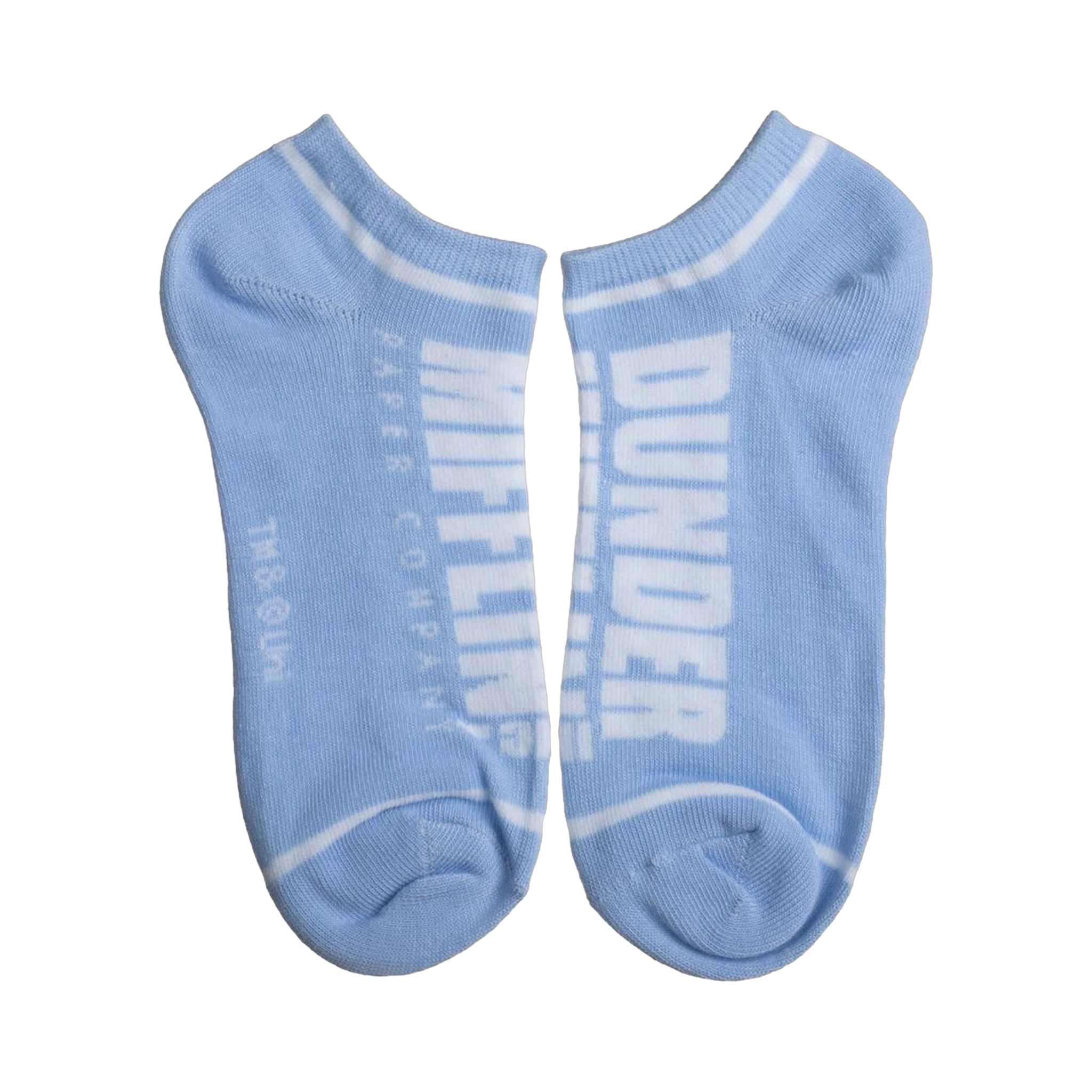 Close-up of a pair of light blue Dunder Mifflin ankle socks with white trim.