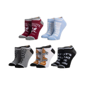 Five pairs of The Office ankle socks. Designs include Dunder Mifflin, Schrute Farms, and Dundie Awards. Colors are red, blue, gray, white, and black.