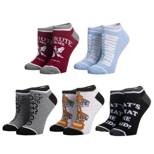 5-pack of the office themed socks; black, gray, red, maroon, and blue; ankle length; mens; designs include 