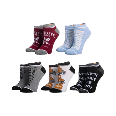 Five pairs of The Office ankle socks. Designs include Dunder Mifflin, Schrute Farms, and Dundie Awards. Colors are red, blue, gray, white, and black.
