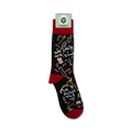 A close-up shot of the 'We Came, We Saw, We Fucked Shit Up' socks still on the retail packaging.