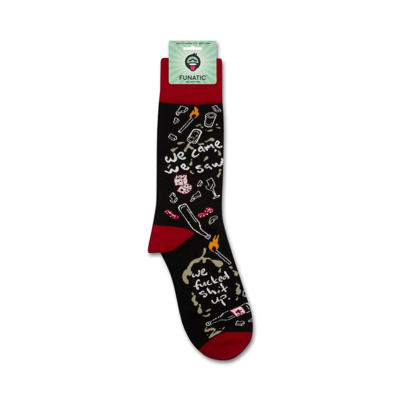 A close-up shot of the 'We Came, We Saw, We Fucked Shit Up' socks still on the retail packaging.