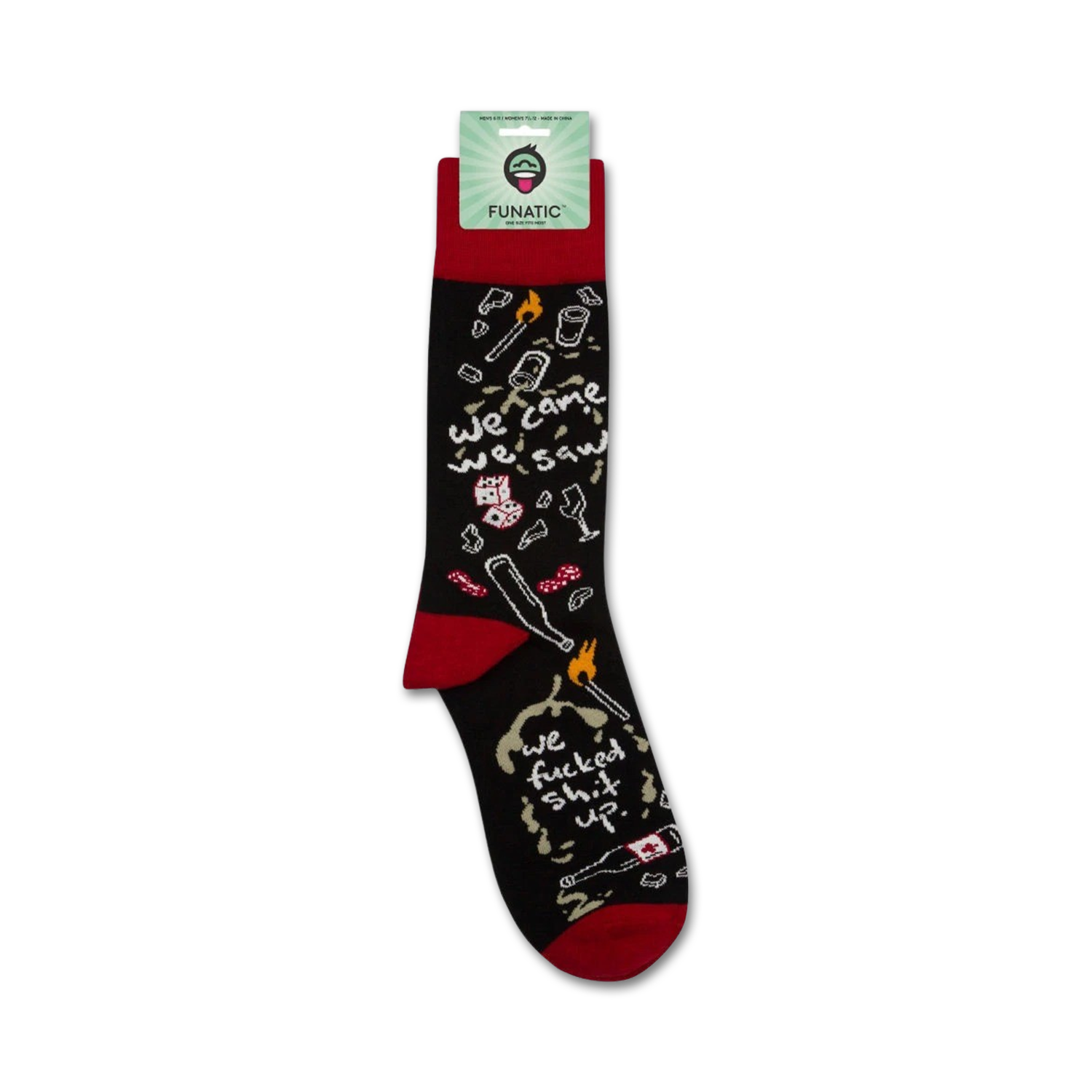 A close-up shot of the 'We Came, We Saw, We Fucked Shit Up' socks still on the retail packaging.