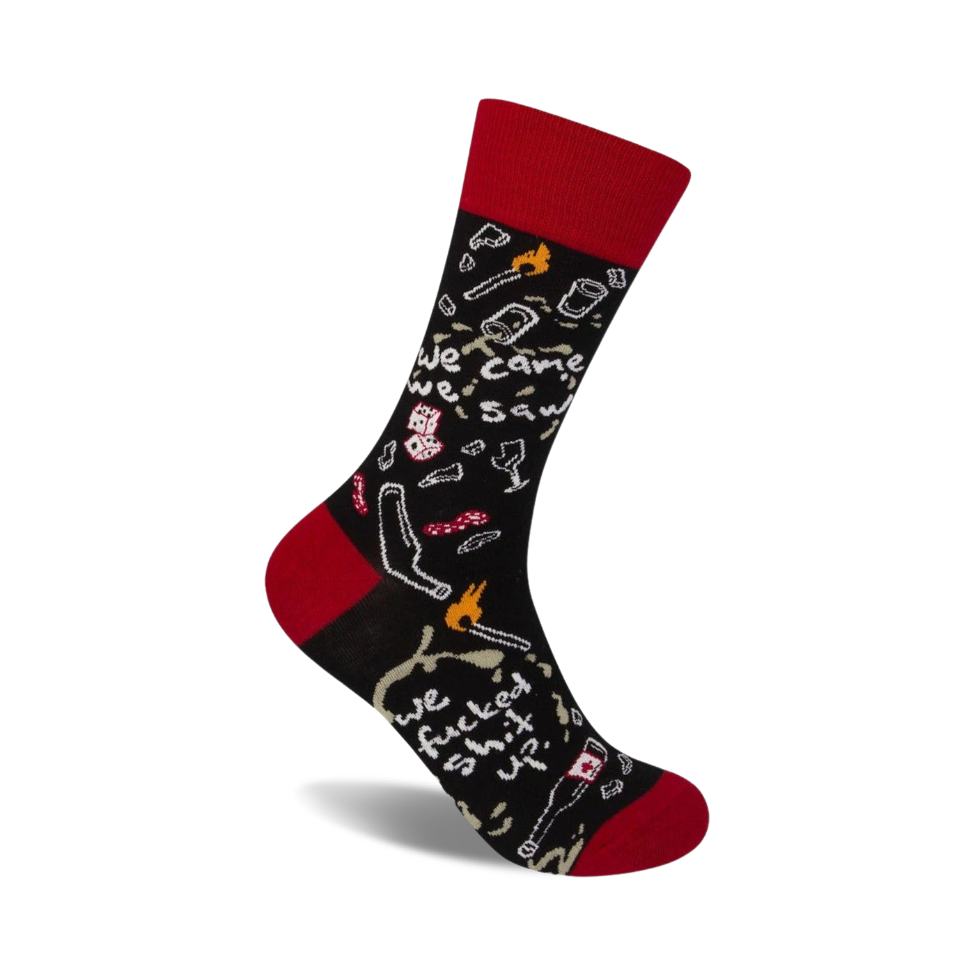 Black crew socks with red cuffs, featuring a chaotic design of party-themed illustrations and the phrase 'We Came, We Saw, We Fucked Shit Up'.