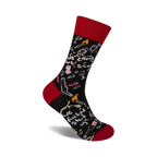 Black crew socks with red cuffs, featuring a chaotic design of party-themed illustrations and the phrase 'We Came, We Saw, We Fucked Shit Up'.