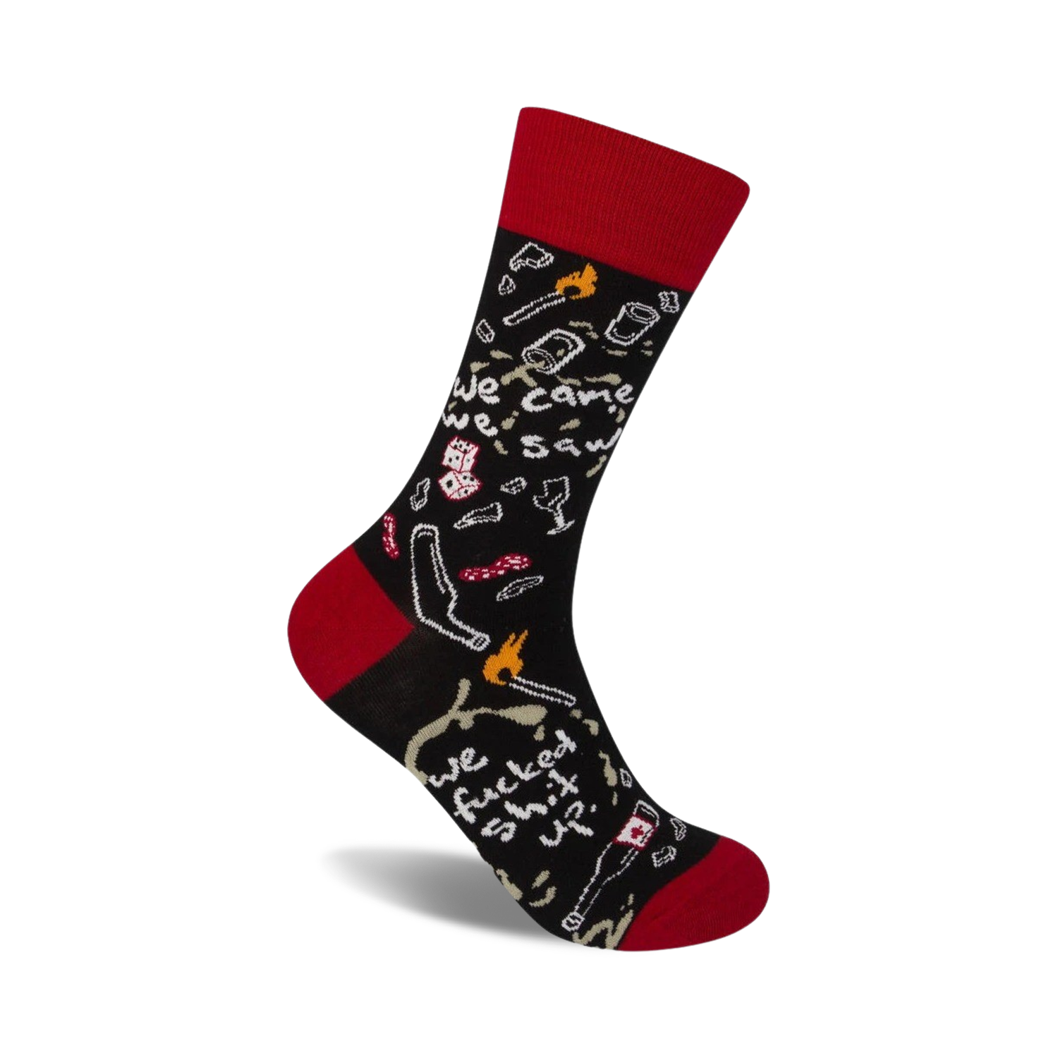Black crew socks with red cuffs, featuring a chaotic design of party-themed illustrations and the phrase 'We Came, We Saw, We Fucked Shit Up'.
