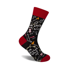 black socks with red toes, heels and trim. text and graphics {we came}, {we saw}, and {we fucked shit up.} crew socks. for men and women.   