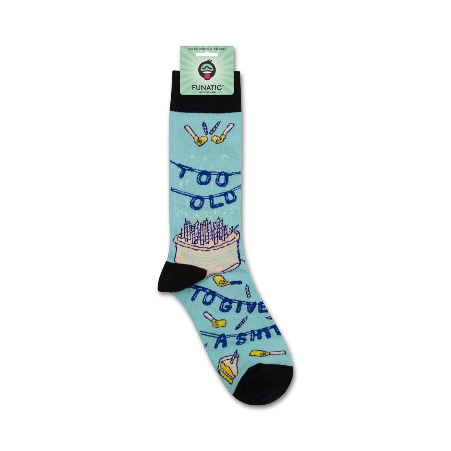 A single 'Too Old To Give A Shit' sock displayed on a Funatic sock hanger tag.