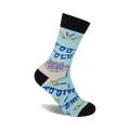 Crew socks in light blue with a black cuff.  The design includes a birthday cake, candles, and the phrase 'Too Old To Give A Shit'.
