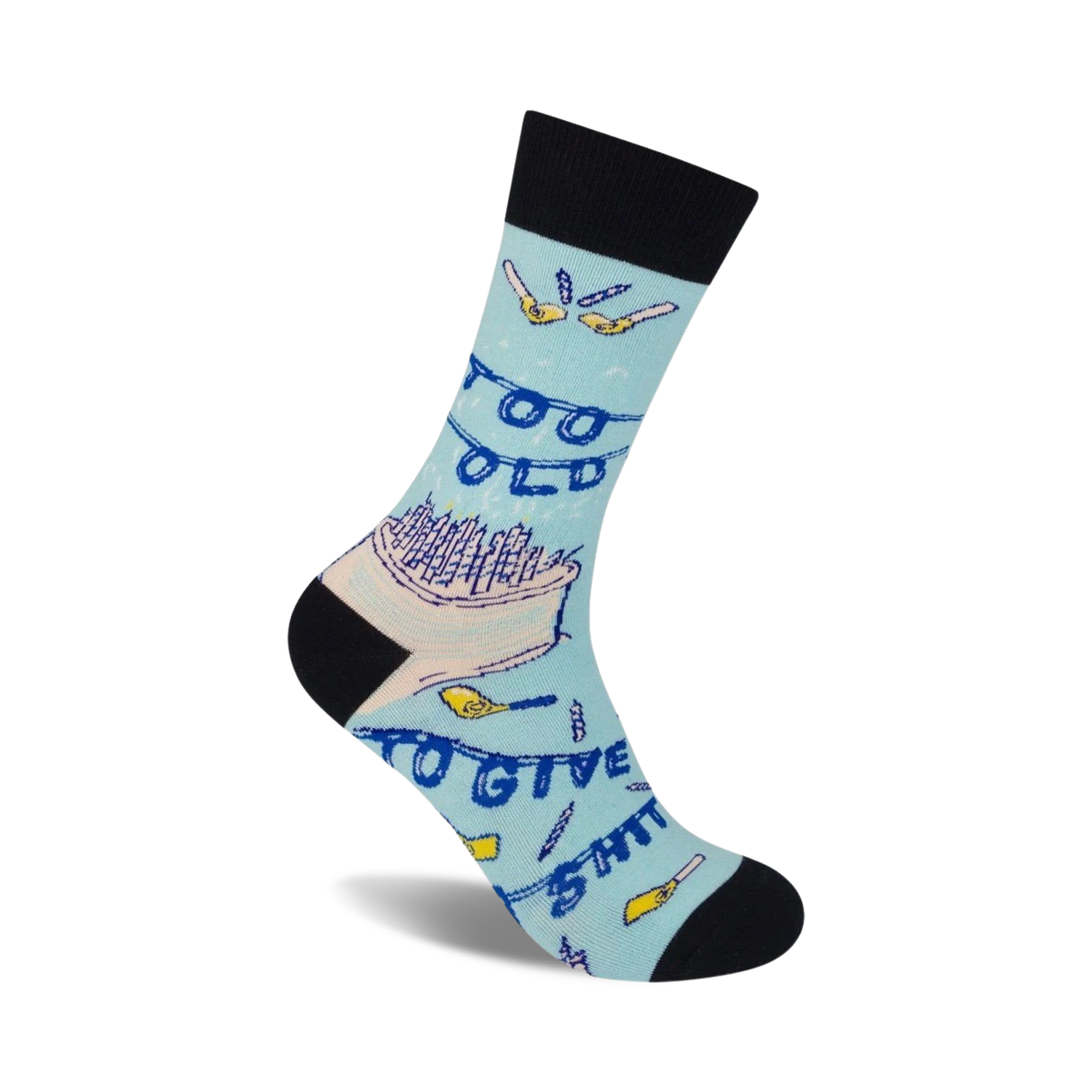 Crew socks in light blue with a black cuff.  The design includes a birthday cake, candles, and the phrase 'Too Old To Give A Shit'.