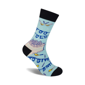 blue "too old to give a shit" socks with black toe and heel. birthday cake graphic replaces the "o" in "too".   