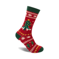 Red crew socks with a green cuff. Features a whimsical Christmas tree, reindeer, snowflakes, and a Fair Isle-inspired pattern.