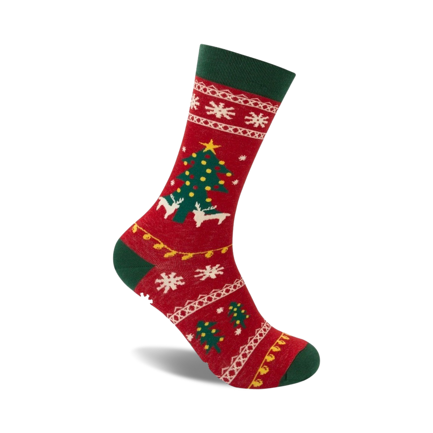 Red crew socks with a green cuff. Features a whimsical Christmas tree, reindeer, snowflakes, and a Fair Isle-inspired pattern.