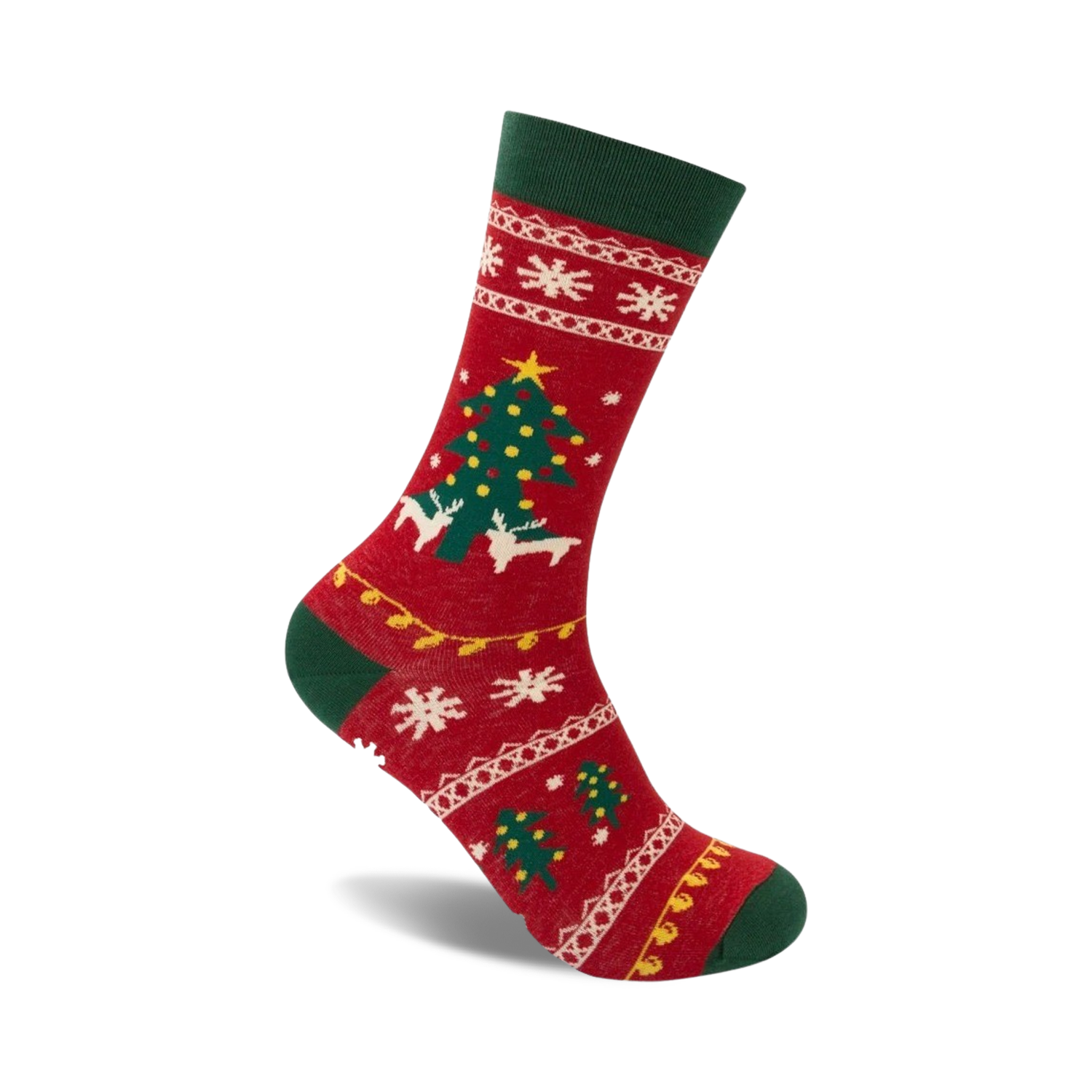 Red crew socks with a green cuff. Features a whimsical Christmas tree, reindeer, snowflakes, and a Fair Isle-inspired pattern.