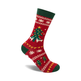 festive red crew socks, featuring a pattern of green christmas trees, brown reindeer, yellow lights, and white snowflakes.  