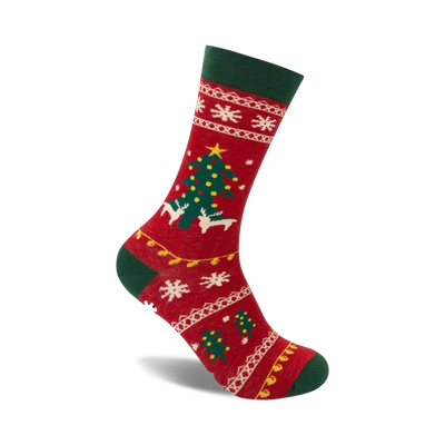 festive red crew socks, featuring a pattern of green christmas trees, brown reindeer, yellow lights, and white snowflakes.  