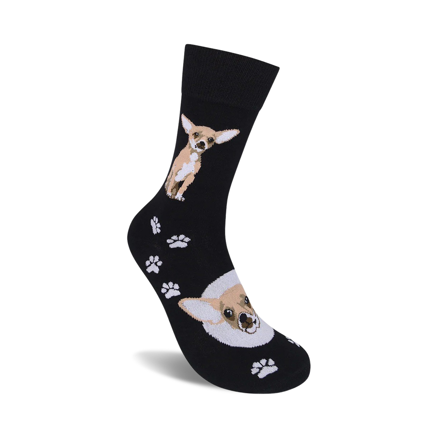 Close-up view of the Chihuahua socks, showing the detail of the dog and paw print designs.