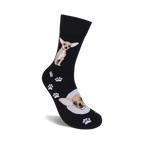 Close-up view of the Chihuahua socks, showing the detail of the dog and paw print designs.