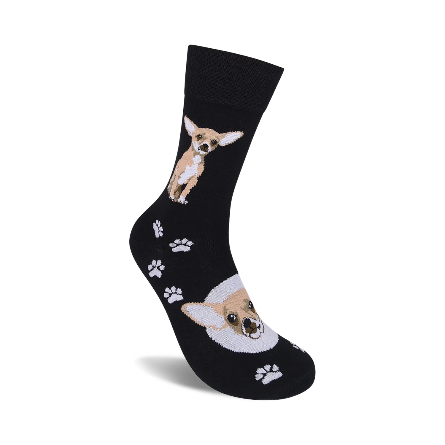 Close-up view of the Chihuahua socks, showing the detail of the dog and paw print designs.