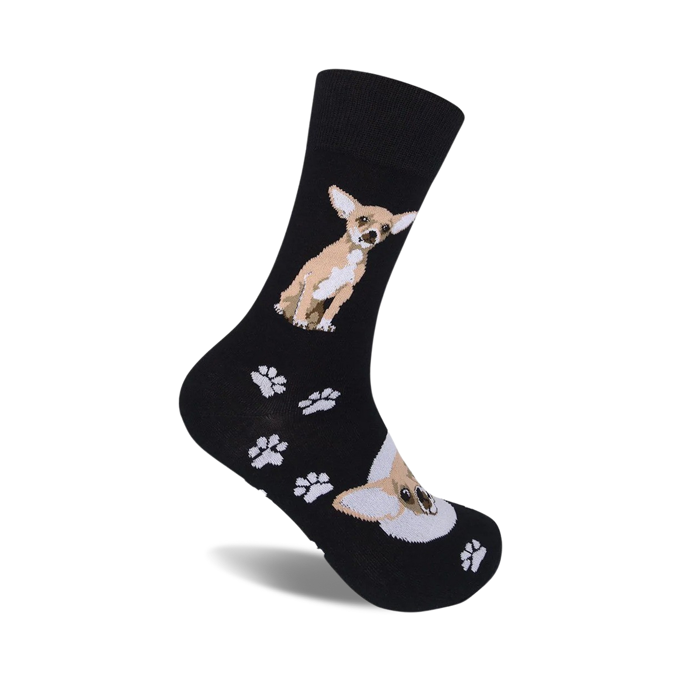 A pair of black crew socks with a tan Chihuahua and paw print design. 