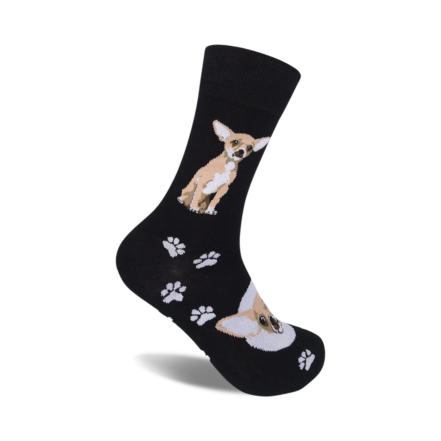A pair of black crew socks with a tan Chihuahua and paw print design. 