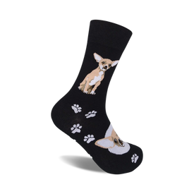 black crew socks with cartoon chihuahuas and white paw prints.  