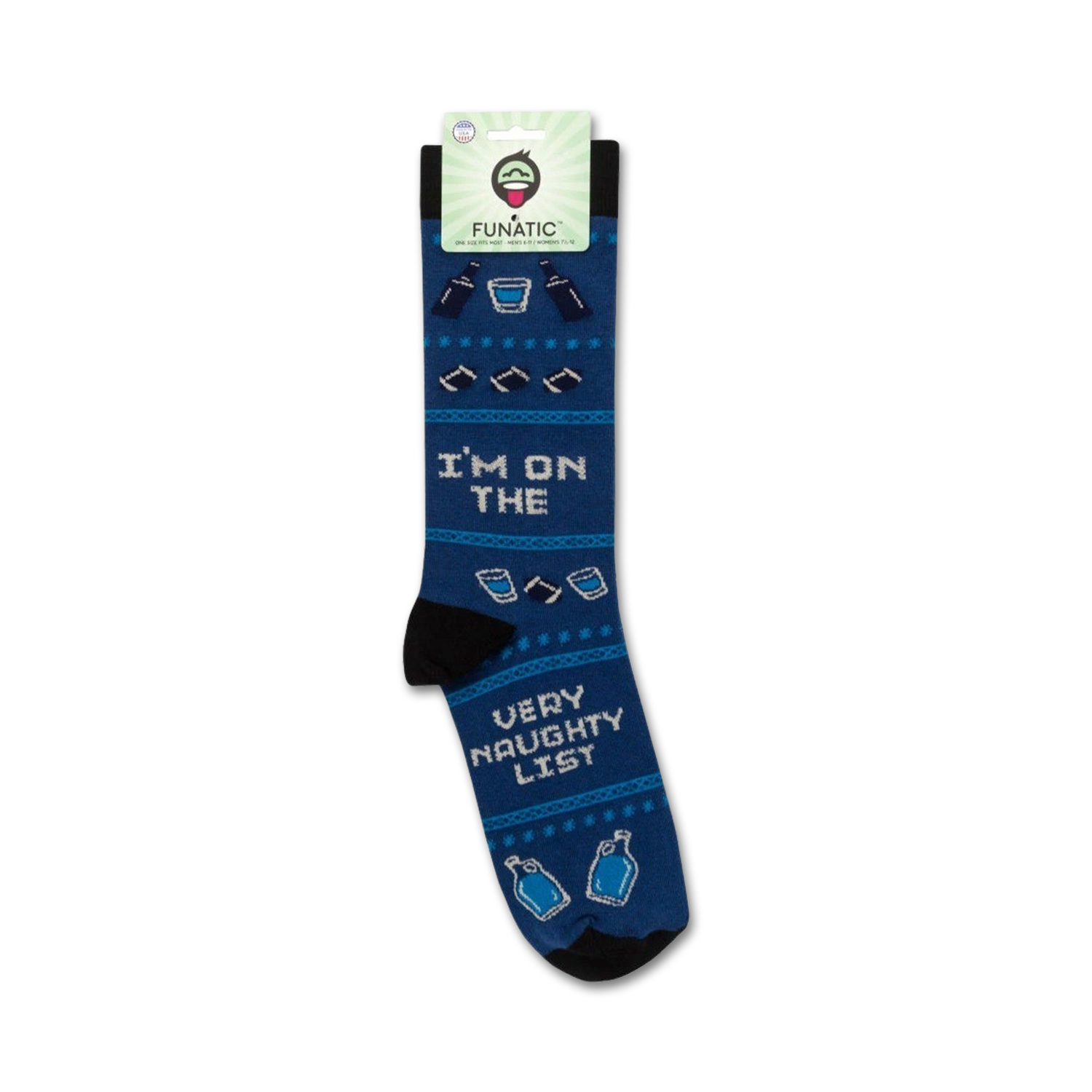Product shot of 'I'm On The Very Naughty List' socks on their packaging. Shows the full sock design and branding.