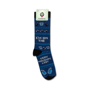 A pair of blue socks with the words 