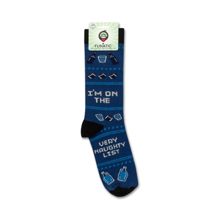 A pair of blue socks with the words 