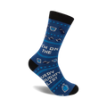 Blue crew socks with a playful 'I'm on the Very Naughty List' design, featuring liquor bottle and glass illustrations.