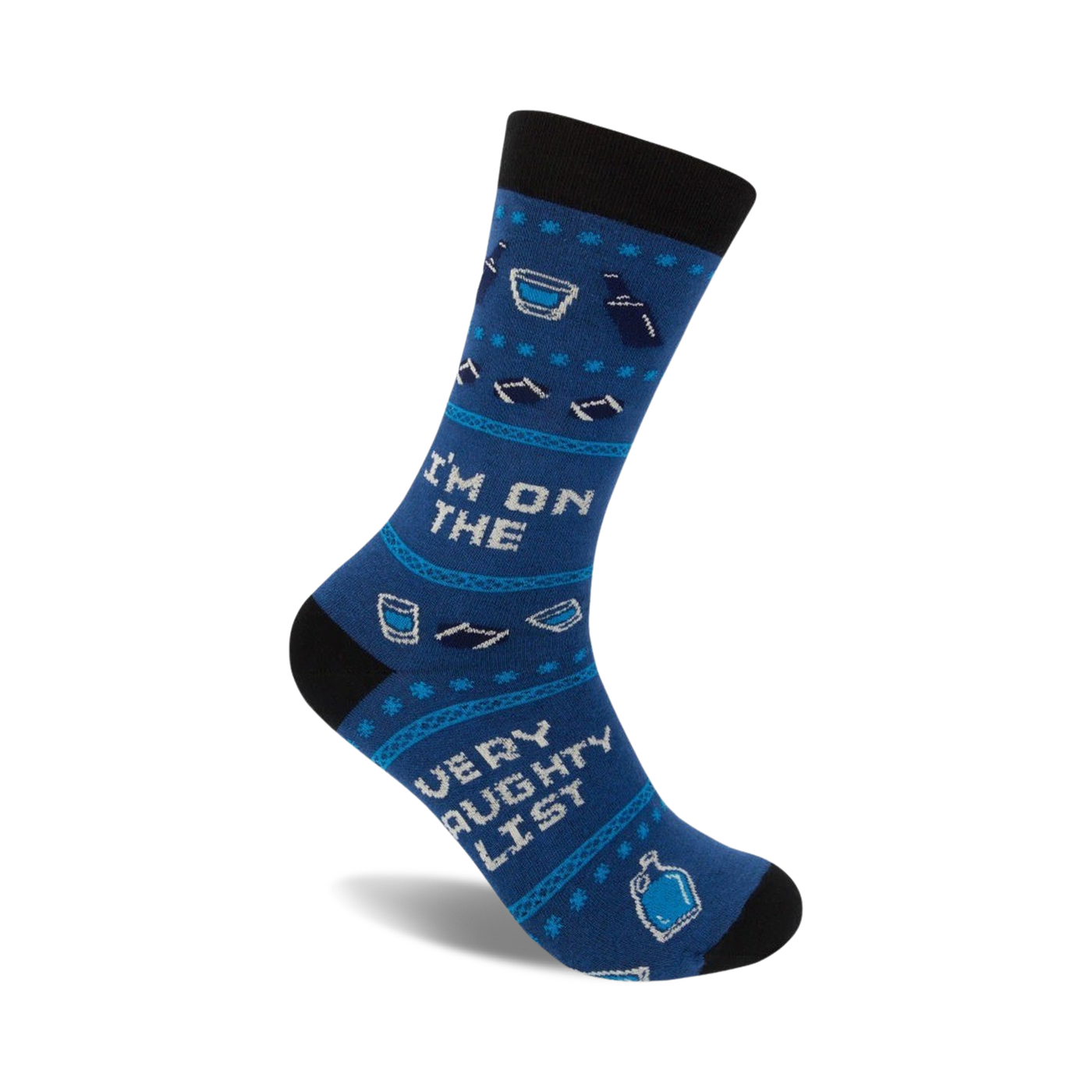 Blue crew socks with a playful 'I'm on the Very Naughty List' design, featuring liquor bottle and glass illustrations.