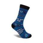 Blue crew socks with a playful 'I'm on the Very Naughty List' design, featuring liquor bottle and glass illustrations.
