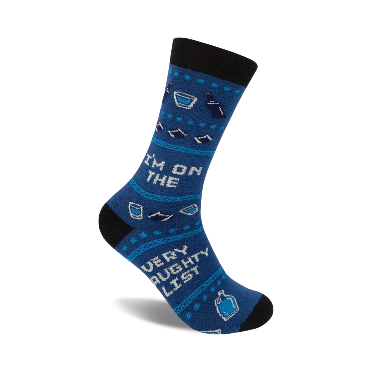 Blue crew socks with a playful 'I'm on the Very Naughty List' design, featuring liquor bottle and glass illustrations.