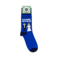 Close-up of 'Game Over' wedding socks still on the retail packaging.