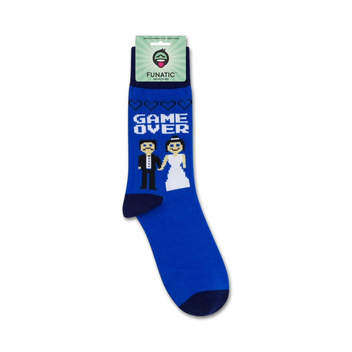 Close-up of 'Game Over' wedding socks still on the retail packaging.